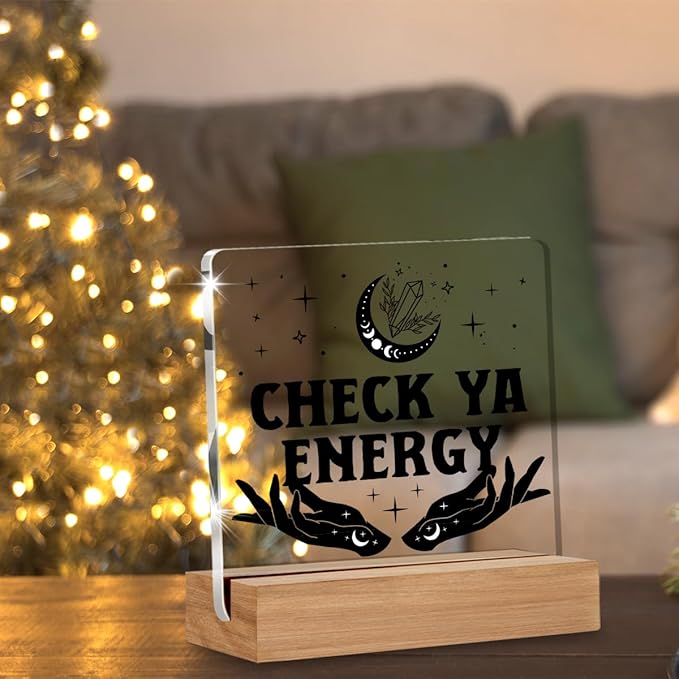 Witchy Gifts for Women Men, Spiritual Witch Gifts, Check Ya Energy Witchy Desk Decor Acrylic Plaque for Home Office Room