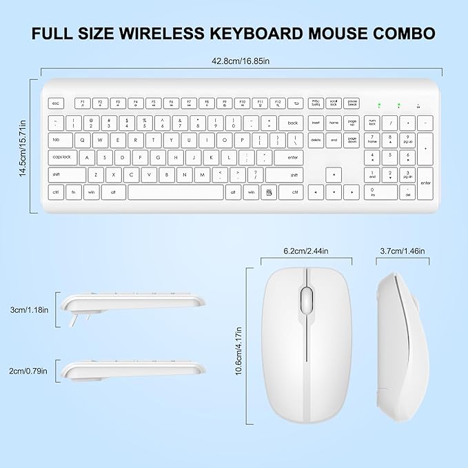 Wireless Keyboard and Mouse Combo, Full Size Silent Ergonomic Keyboard and Mouse, Long Battery Life, Optical Mouse, 2.4G Lag-Free Cordless Mice Keyboard for Computer, Mac, Laptop, PC, Windows(White)