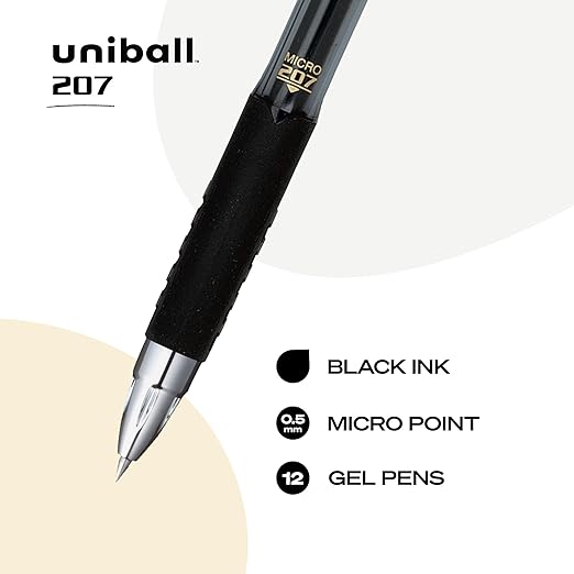 uni-ball® 207™ Retractable Fraud Prevention Gel Pens, Micro Point, 0.5 mm, Black Barrels, Black Ink, Pack Of 12