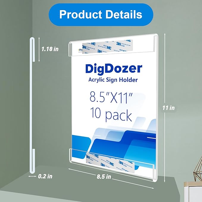 10 Pcs Acrylic Sign Holder 8.5 x 11, Vertical Wall Mount Sign Holders with Adhesive, Clear Plastic Frames Paper Display Sign Holders for Office, Home, Store, Restaurant - No Drilling