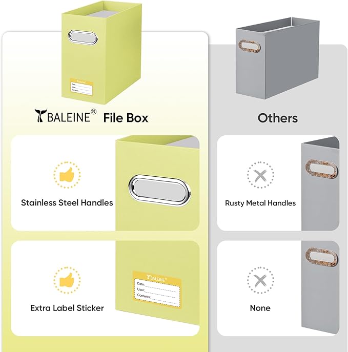 BALEINE File Organizer Box, Cardboard File Folder Organizer with Handle for Letter Size, Portable Collapsible Hanging Filing Box for Home Office Document Storage (2 Pack, Yellow)