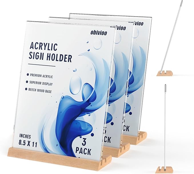 Acrylic Sign Holder 8.5 x 11 with Combined L and T-Shaped Wood Base,High Transparency Table Card Stand for Advertisements, Menu, Picture,Honor Certificates or other Flyers(3 packs)