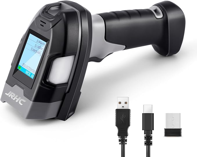 Barcode Scanner Wireless, JRHC Industrial 1D Laser Bar Code Scanners 2 in 1 Plug and Play Rugged Heavy Duty & IP65 Waterproof, Long-Distance Wireless Handheld Barcode Reader with 1.8" Screen