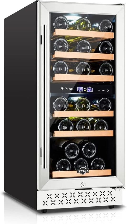 Tylza Mini Fridge 15 Inch Wine Cooler Under Counter, 33 Bottle Dual Zone Wine Fridge with Stainless Steel, Wine Refrigerator Freestanding, Built-in Wine Cellars