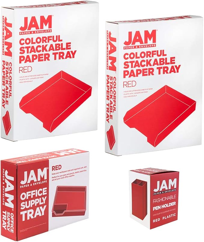 JAM PAPER Stackable Desktop Trays - Red - Office Desk Deluxe Set - 1 Top Tray, 2 Letter Trays, & 1 Pen Holder/Pack