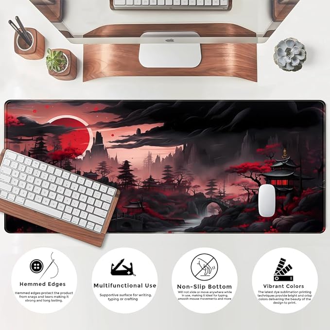 Riverside Full Moon Desk Pad Black Red Desk Mat Japanese Anime Extended XXL Keyboard Pad for Desk Gaming Computer Laptop Office Mouse Pad with Stitched Edges Non-Slip Large Computer Mat 31.5x11.8 in