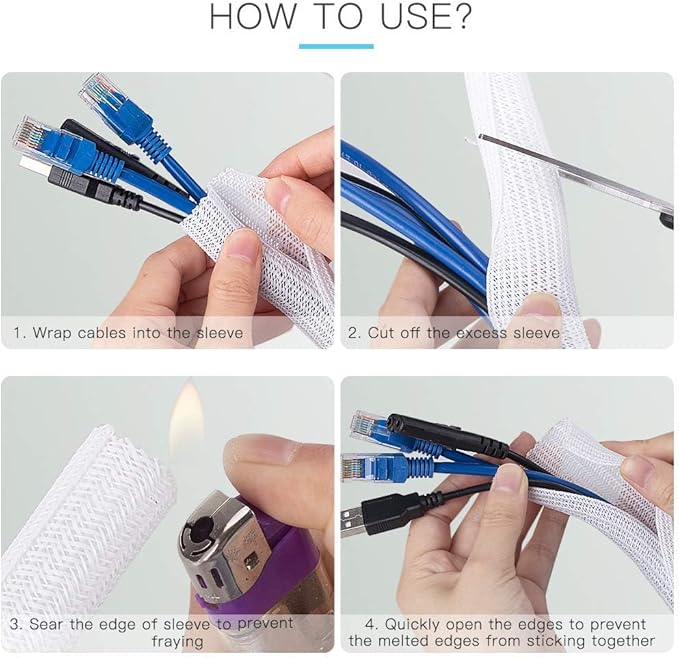 AGPTEK Cable Sleeve Cover, 6.6ft - 2/3 inch Desk Cord Organizer Cable Hider, Home Office Wire Management Computer TV Wire Loom Tubing, Pet Proof Cord Protector, from Cat Dog Chewing, White