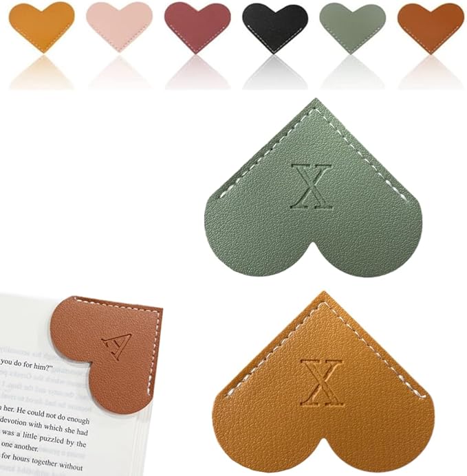 Personalized Leather Heart Bookmark, 26 Letters Customized Corner Book Mark for Reading Women, Book Marker with Initials，Cute Gifts (Green+Light Brown, X)