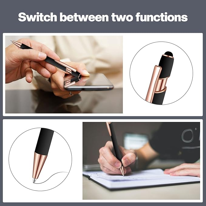 8 Pieces Ballpoint Pen with Stylus Tip Black Ink 2 in 1 Stylus Metal 1.0 mm Medium Point Smooth Pen Rainbow Colorful Rubberized Ballpoint for Touch Screen Tablet(Rose Gold, Black)