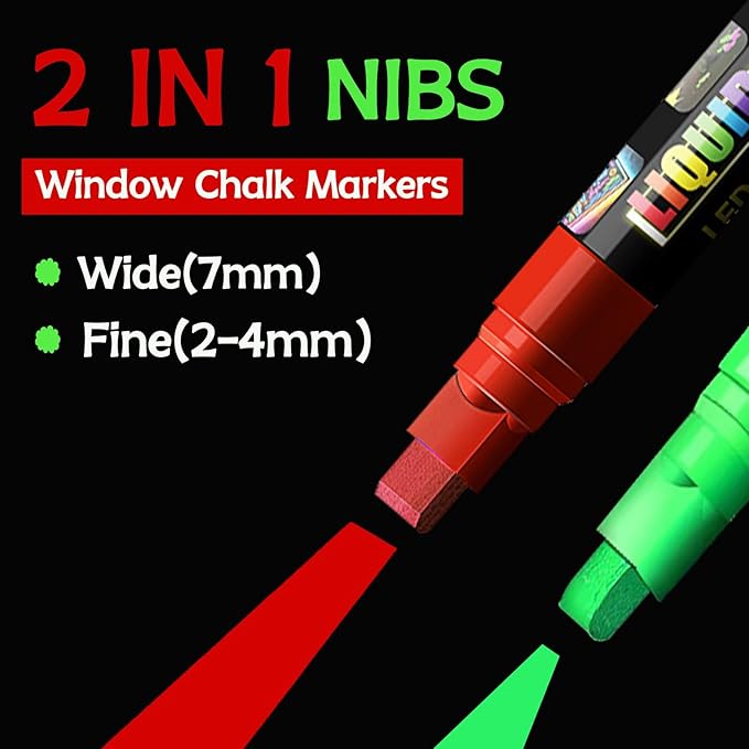 Window Chalk Markers for Cars Glass Washable, 2 boxes X 8 Colors Liquid Chalk Marker Pens with 7mm 2 in 1 Nib Wide Tips, Big Chalkboard Markers Car Window pens