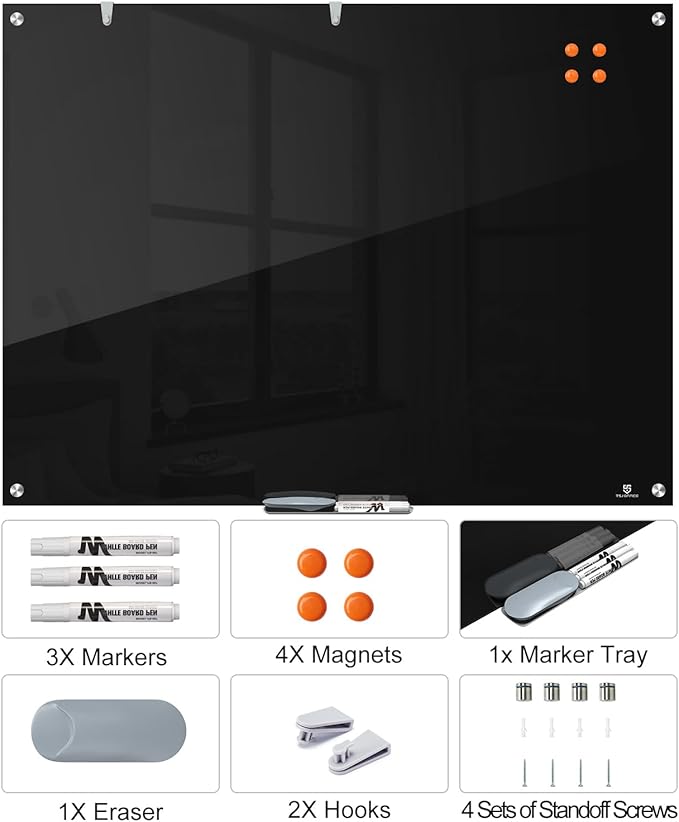 TSJ OFFICE Glass Dry-Erase Board - 48 x 30 Inches Wall Mounted Black Glass Magnetic Whiteboard, Large Frameless White Board for Office, Home & School