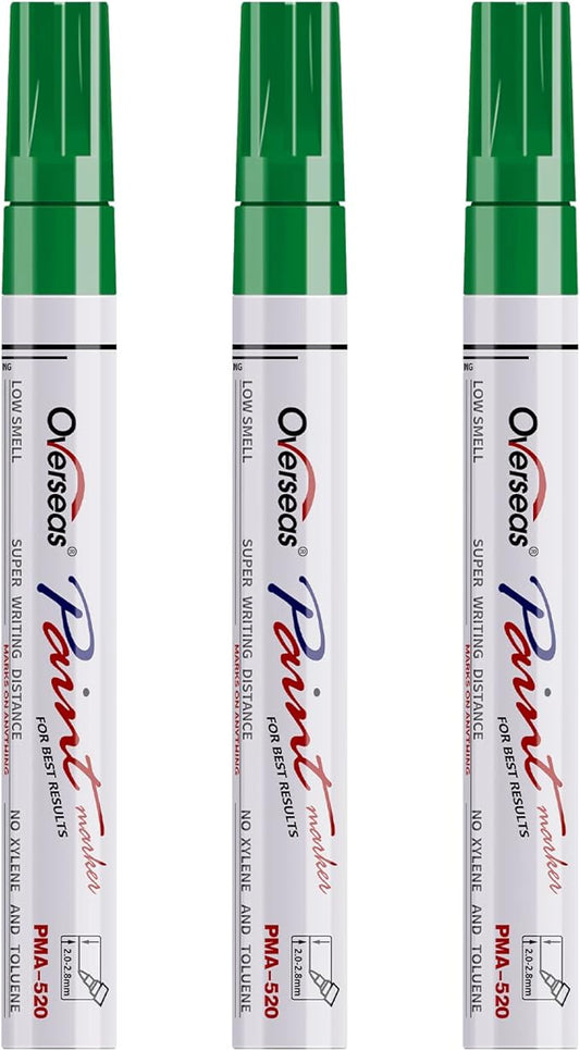 Overseas Permanent Paint Markers Pens - 3 Pack Green Oil Based Paint Pens, Medium Tip, Quick Drying and Waterproof Marker Pen for Metal, Rock, Wood, Fabric, Plastic, Canvas, Mugs, Stone, Glass