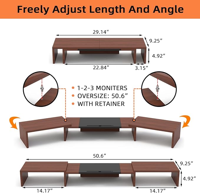 WESTREE Triple Monitor Stand Riser - Extra Long, Adjustable Length & Angle, 3 Shelf Desktop Storage for 1-3 Monitors