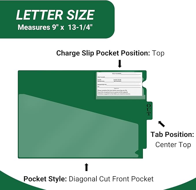 Doctor Stuff - Center Tab Vinyl Out Guides, Diagonal Cut Front Pocket, Top Charge Out Slip Pocket, Plastic File Folder, Letter Size 9" x 13-1/4", Green, 100/Box
