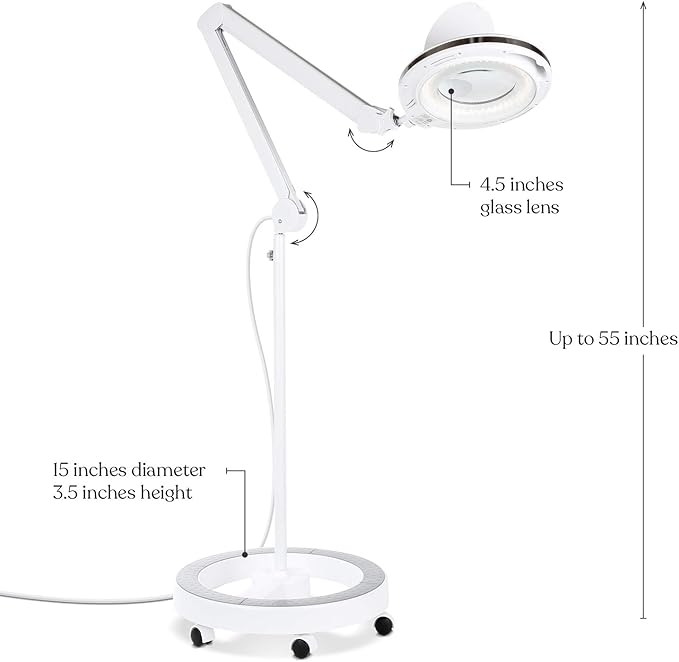 Brightech LightView Pro Magnifying Glass with Light and Stand, Magnifying Floor Lamp with a 6-Wheel Rolling Base for Facials, Lash Estheticians, Dimmable LED Work Light for Sewing, Crafts