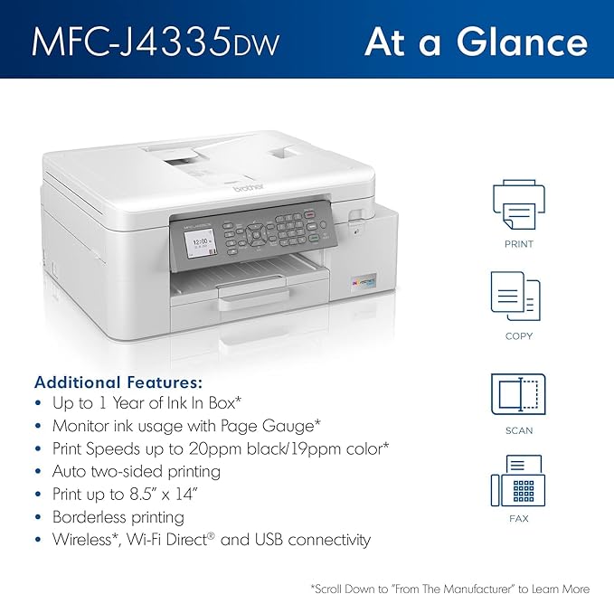Brother MFC-J4335DW INKvestment Tank All-in-One Printer with Duplex and Wireless Printing Plus Up to 1-Year of Ink in-Box (Renewed Premium), White