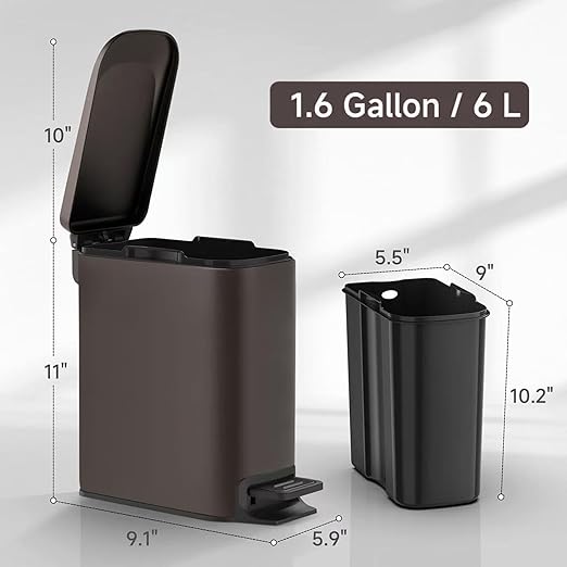 TIPGO Slim Bathroom Trash Can with Lid Soft Close, Step Pedal, 6 Liter / 1.6 Gallon Stainless Steel Trash Bin, Small Garbage Cans for Bedroom, Office, Kitchen (Brown)