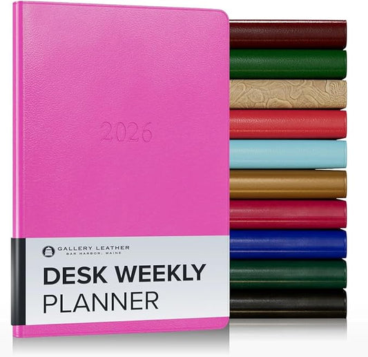 Gallery Leather Desk Weekly Monthly Planner 2025-2026, Elegantly Bound Calendar Planner and Notebook with Stylish Gold-Gilded Page Edges, 12 Months - Caribbean Fuchsia - 8 x 5.5 "