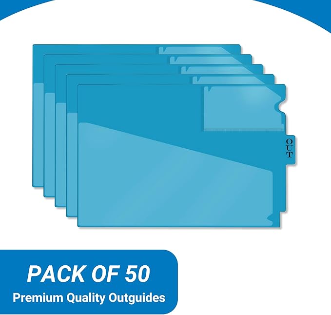 Doctor Stuff - Center Tab Vinyl Outguides, Diagonal Cut Front Pocket, Top Charge Out Slip Pocket, Plastic File Folder, Letter Size 9" x 13-1/4", Light Blue, 50/Box