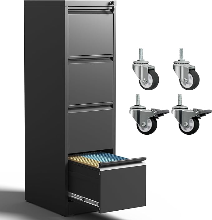 4 Drawer Locking File Cabinet with Wheels,Black Metal Mobile Filing Cabinets,Vertical File Cabinet for Home Office,Rolling Storage Cabinet for A4/Letter/Legal Size File,Assembly Required