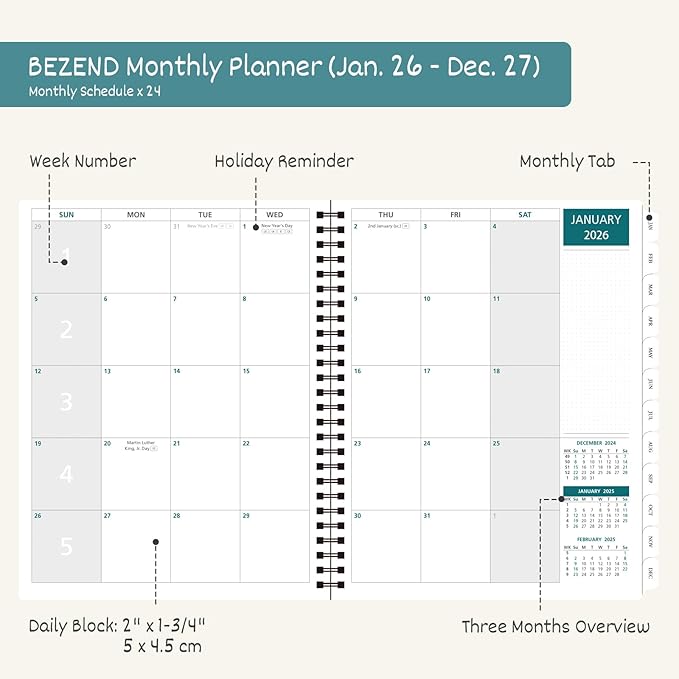 BEZEND Monthly Planner 2026-2027 (Spiral-8.5" x 11") 2 Year Calendar Book with Note Pages - Jan 26 to Dec 27-120 GSM Paper, Inner Pockets, Laminated Tabs, Vegan Leather Softcover - Orange