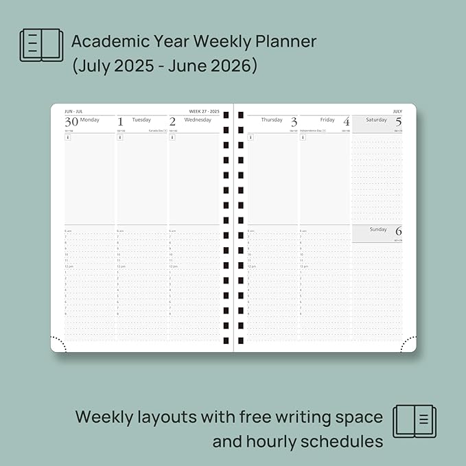 POPRUN Academic Planner 2025-2026 (July 2025-June 2026), Daily Weekly and Monthly Appointment Book (Wirebound Hard Cover - 6.25'' x 8.5'') with Hourly Time Slots, Tabs, 100 GSM - Light Yellow