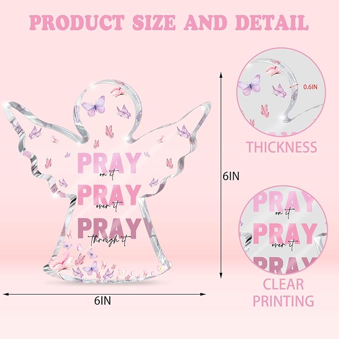 Pink Home Office Desk Accessories, Acrylic Memorial Gift, Dorm Room Decor for Women, Christian Gifts for Women, Remembrance Gifts, Pray Over It- Bible Verse Desk Art(Angel Style)