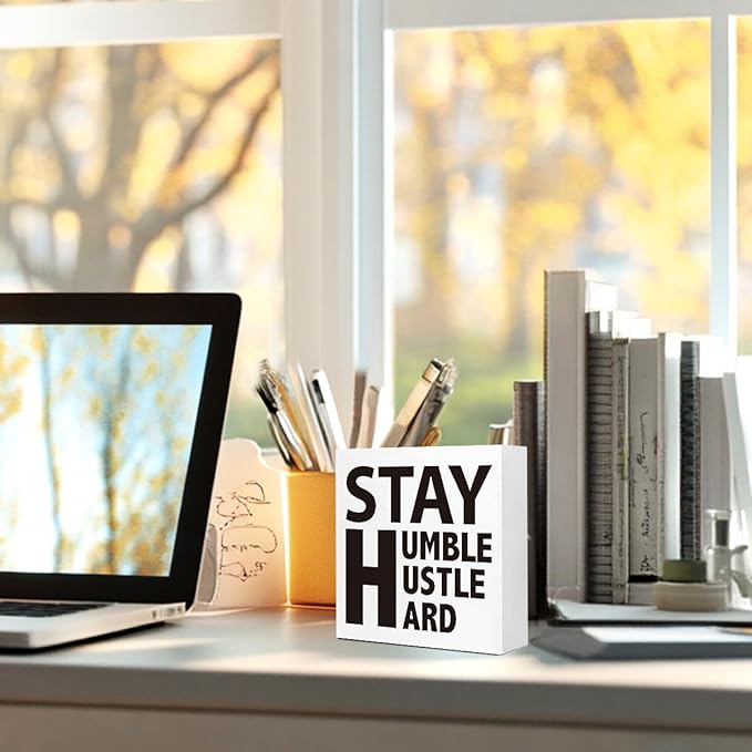 Wooden Block Sign "Stay Humble Hustle Hard" 5x5x1 INCH, Motivational Office and Gym Decor, Entrepreneur Plaque for Desk or Wall, Vintage Style Work Ethic Display