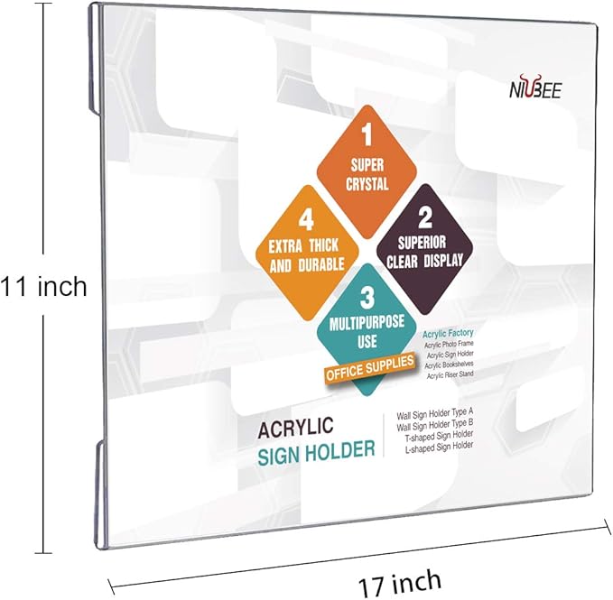 NIUBEE Acrylic Sign Holder 11 x 17 Horizontal Wall Mount Sign Holders Clear Acrylic Frame with Double Sided Tape Clear Poster Frames Plastic Sign Holder for Office, Home, Restaurant, Landscape, 6 Pack