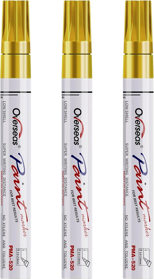 Overseas Permanent Paint Markers Pens - 3 Pack Gold Oil Based Paint Pens, Medium Tip, Quick Drying and Waterproof Marker Pen for Metal, Rock, Wood, Fabric, Plastic, Canvas, Mugs, Stone, Glass