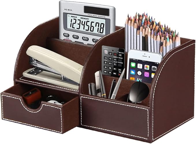 Desk Organizer, PU Leather Desktop Organizers and Accessories, Office Supplies Multi-Functional Caddy Storage with 6 Compartments and 1 Drawer, Workspace Organizer for Office Home School Classroom