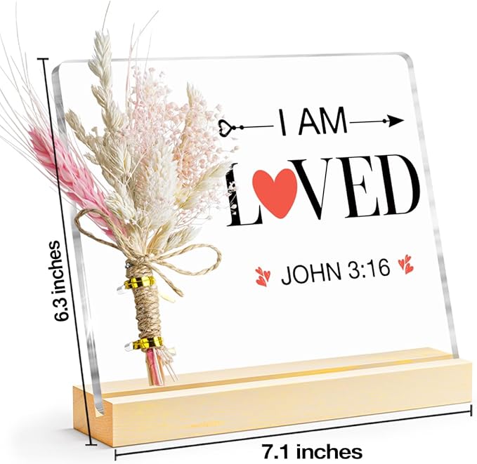 Valentines Day Gifts, John 3:16 Valentines Decorative Sign, Bouquet Acrylic Sign With Wooden Stand for Office Desk Table Shelf