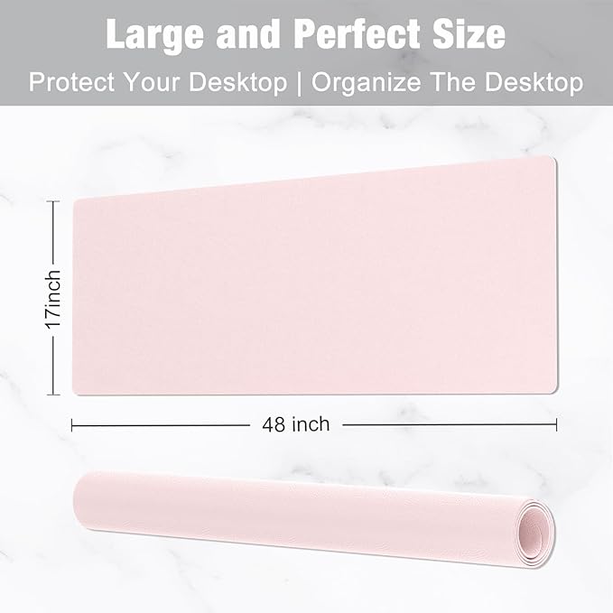 Hsurbtra Desk Pad, 48" x 17" PU Leather Desk Mat, XXXL Extended Mouse Pad, Waterproof Desktop Blotter Protector, Non-Slip Ultra Thin Large Laptop Keyboard Writing Mat for Office Home, Pink