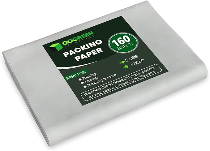 Newsprint Packing Paper Sheets for Moving - 160 Newsprint Paper Sheets for Packing Supplies -5lb - 17" x 27" Moving Supplies Packing Paper for Dishes and Glasses - Made in USA