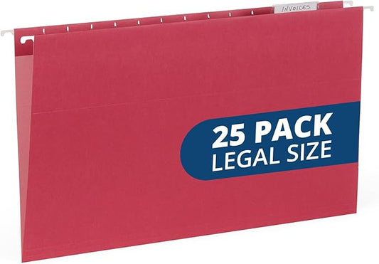 25 Blue Summit Supplies Legal Size Hanging File Folders - Red Hanging File Folders with Plastic Tabs and Inserts, Durable 11pt Paper, 25 Pack