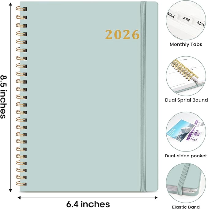 2026 Planner, Weekly and Monthly Calendar Planner Book, January 2026 - December 2026, Hardcover Spiral Planner with Monthly Tabs, Notes Pages, Perfect for Women & Men, A5 (6.4" x 8.5") - Grey Blue