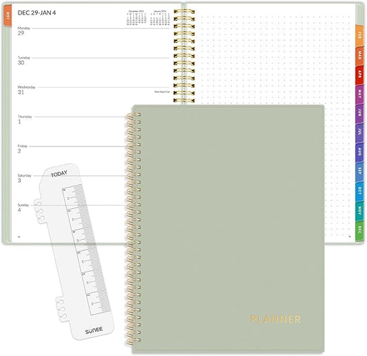 SUNEE 2026 Weekly and Monthly Planner - January 2026-December 2026, 8.5"x11" Half Weekly Half Note, Daily Agenda Planner with PVC Waterproof Cover, Monthly Tab, Note, Pockets, Bookmark, Green