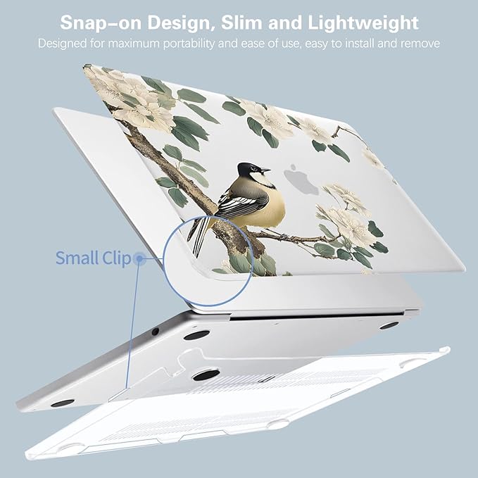 KEROM Bird Flower Case for MacBook Air 13 inch 2025 M4, 2024-2022 M3 M2 A3240 A3113 A2681, Cute Sleek Elegant Aesthetic Plastic Hard Shell & Keyboard Cover for MacBook Air 13.6 inch Case