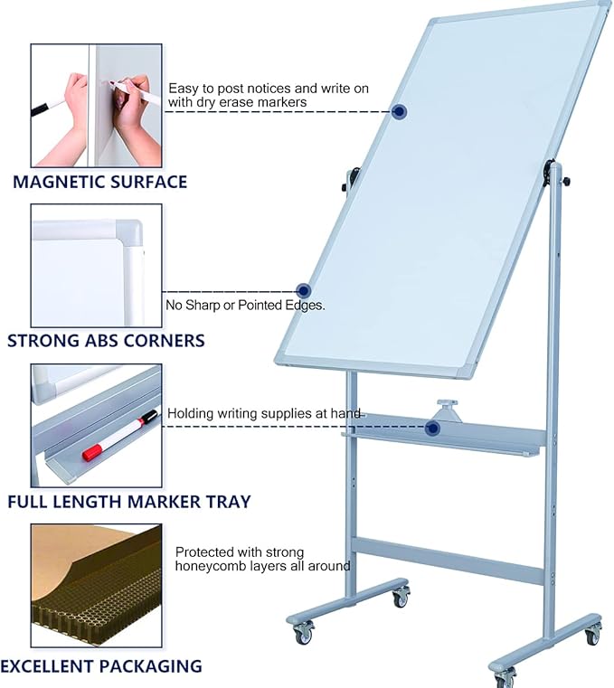 Magnetic Mobile Whiteboard 48x24-in 360° Reversible Two-sided White Board with Wheels, Portable Dry Erase Board Easel with Stand for Office Classroom, Include 6 Dry Erase Markers and 1 Eraser
