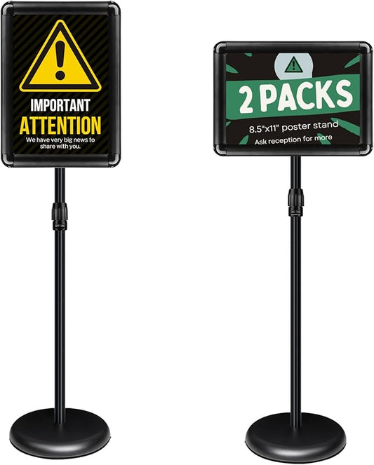 Poster Stand Holder Adjustable Pedestal Floor Standing Sign Holder Vertical and Horizontal View Sign Display, Aluminum Snap Open Frame with Safety Corner (2P-Black-8.5x11)