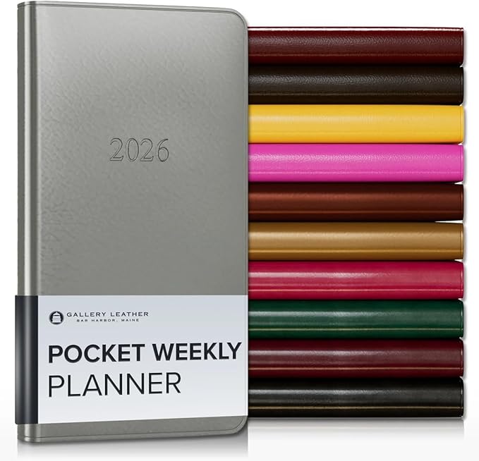 Gallery Leather Pocket Weekly Monthly Planner 2025-2026, Elegantly Bound Calendar Planner and Notebook with Stylish Gold-Gilded Page Edges, 12 Months - Freeport Metallic Silver - 6 x 3.25 "