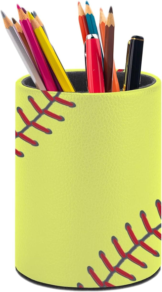 Softball Pen Holder Pencil Organizer Cute Pencil Cup Desk Decor Makeup Brush Holder PU Multifunctional Office Suppliesfor Home Classroom School