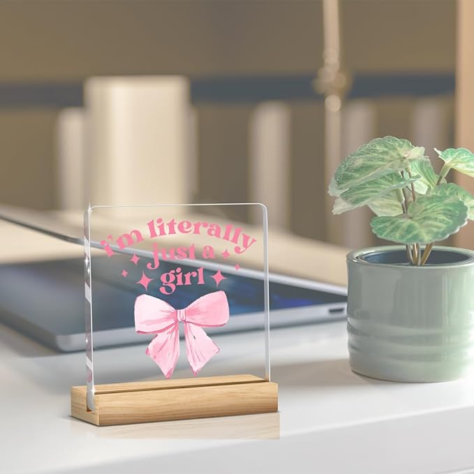 Pink Bow Decor Preppy Coquette Gifts Pink Girl Room Decor Bow Sign Acrylic Sign Plaque Table Decorations for Home Farmhouse Bedroom