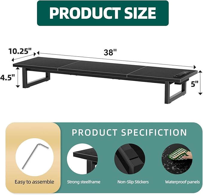 Simple Trending Dual Monitor Stand Riser with 2 USB Charging Ports, Computer Desk Organizer for 2 Monitors, Extra Long TV Stand for Laptop Office, iMac, Black