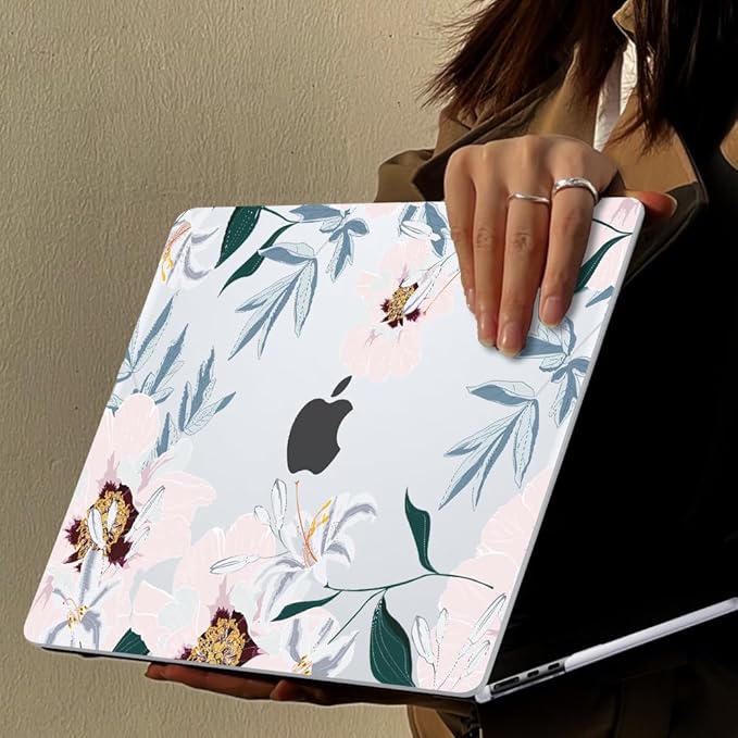 for New MacBook Air 13.6 inch Case 2025 M4 A3240 Cover, Printed Pattern Plastic Hard Shell Case Keyboard Skin for M2 M3 Mac Air 13.6 2024 2023 2022 A2681 A3113, Pink Peonies & Lilies