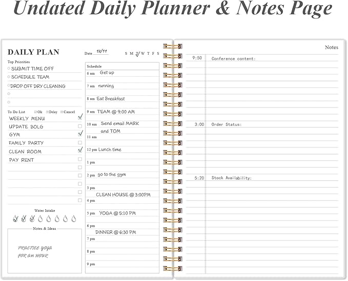 Daily Planner Undated - B5 To Do List Notebook Hourly Schedules, Spiral Appointment Planner for Women and Men, PVC Hardcover, Inner Pocket, Elastic Closure, 7" x 10", Rose Flower
