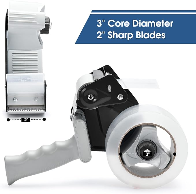 Packing Tape Dispenser Gun, Pacific Mailer 2 Inch Tape Gun Dispenser with 2 Inch Carton Packing Tape, Lightweight Industrial Side Loading Tape Dispenser - Black