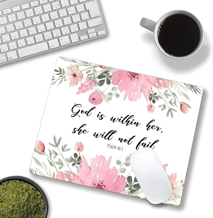 Mouse Pad, Cute Inspirational Quote with Floral Mouse Pad for Women, Washable Square Cloth Mousepad for Office Laptop, Non-Slip Rubber Computer Mouse Pads for Wireless Mouse, Psalm 46:5