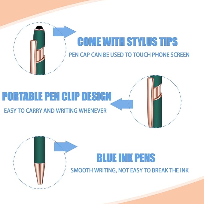 8 Pcs Blue Ink Ballpoint Pen with Stylus Tip 2 in 1 Stylus Ballpoint Pen Metal Pens Stylus Pen for Touch Screens School Office Coworkers (Green Rose Gold)