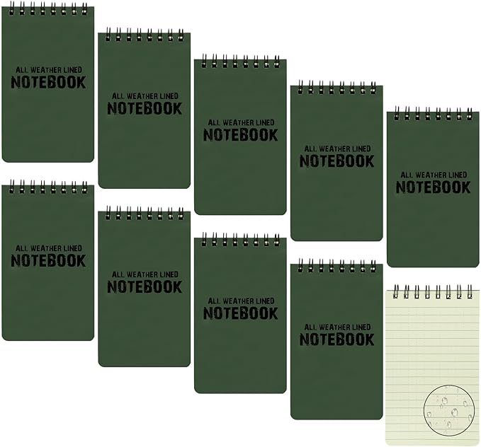 10 Pack Waterproof Notebook, All-Weather Pocket Sized Tactical Notepad, Top Spiral Memo Grid Paper Notepad for Outdoor Activities Recording(Army Green, 3"x5")